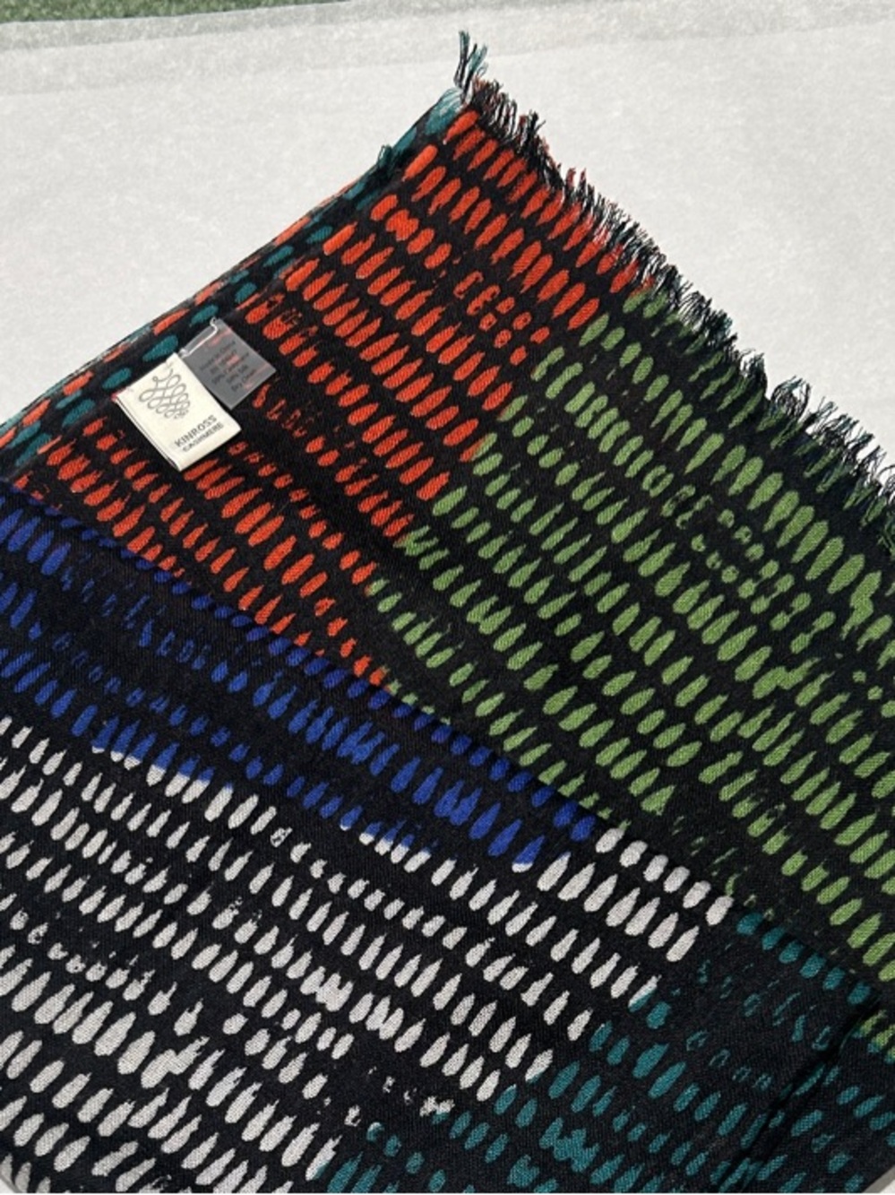 NWOT KINROSS CASHMERE Large Multicolor Patterned Fringe Scarf - Cashmere & Silk. - Picture 2 of 8